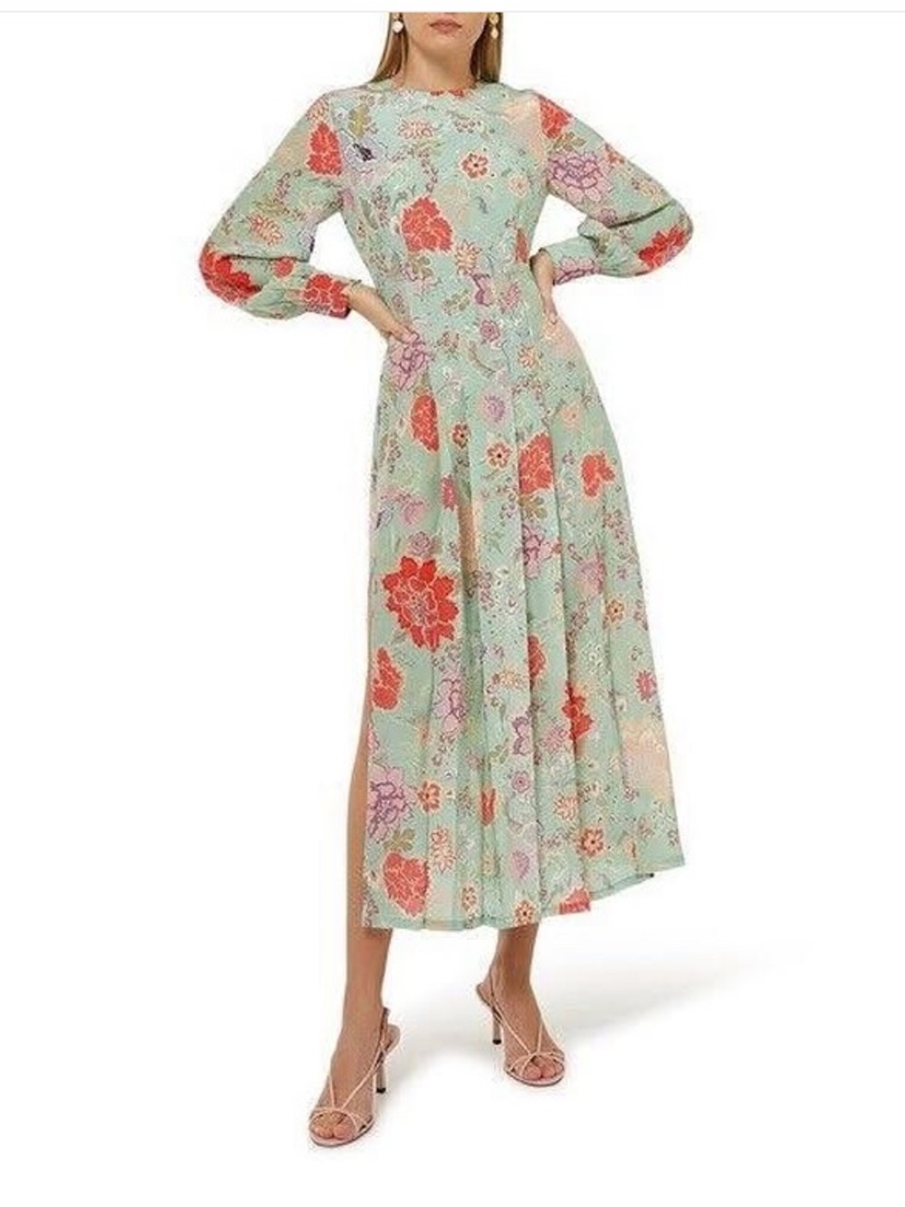 RIXO Mint Green Floral Long-Sleeve Midi Dress